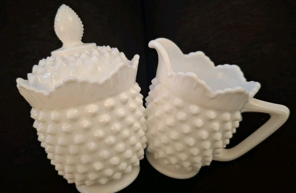 Vintage Fenton Hobnail Milk Glass Creamer Pitcher and Sugar Bowl with Lid